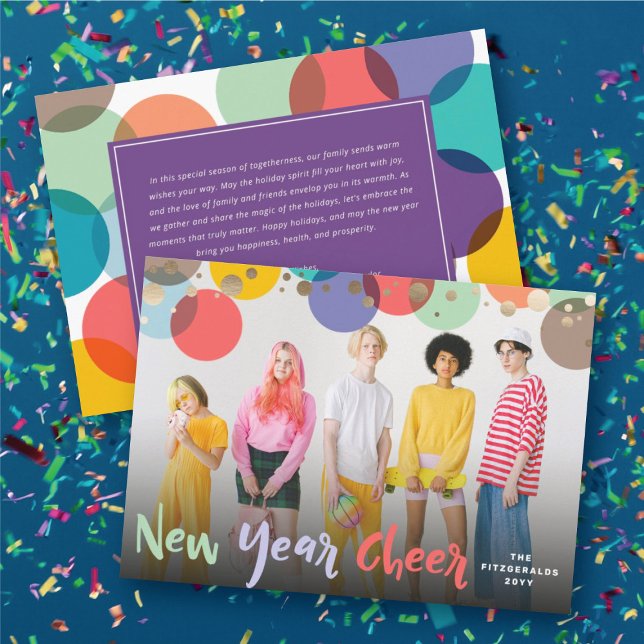 Foto på gott nytt år-färgade och Roligt-konfetti-p Julkort (Happy New Year Colorful & Fun Confetti Dots Photo Holiday Card @ fat_fa_tin)