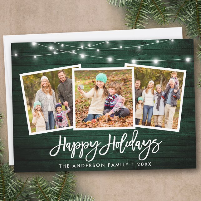 Foto på Grönten Wood 3 i penselskript Ljus Rustic  Julkort (Customize to add text to back of card.)