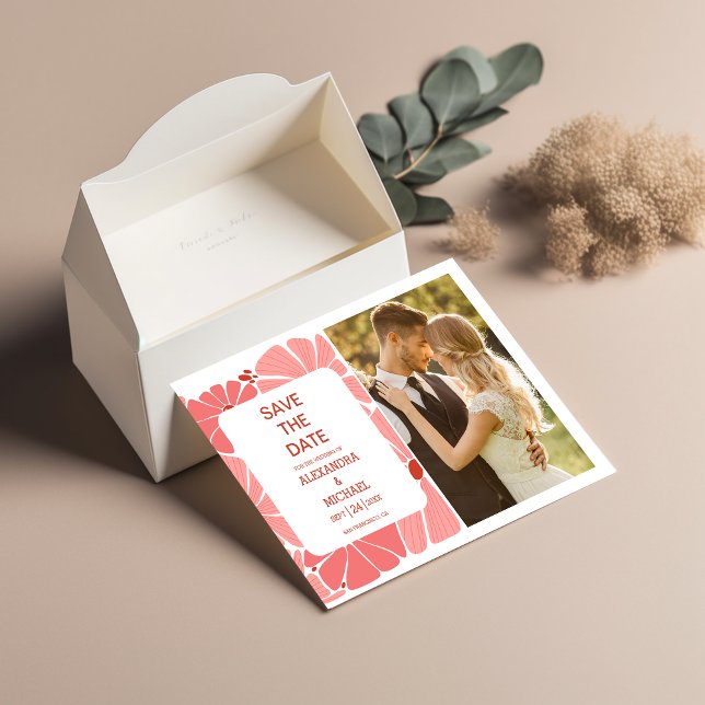 Foto på Groovy modern rosa daisy bröllop Spara Datumet (Skapare uppladdad)