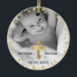 Foto på guld Glitter-konfetti Baby-baptism Julgransprydnad Keramik<br><div class="desc">Guld Glitter Confetti Baby Christening och Baptism Ornament med dubbla foto. Anpassa 2 vågrät- eller kvadratfoto.</div>