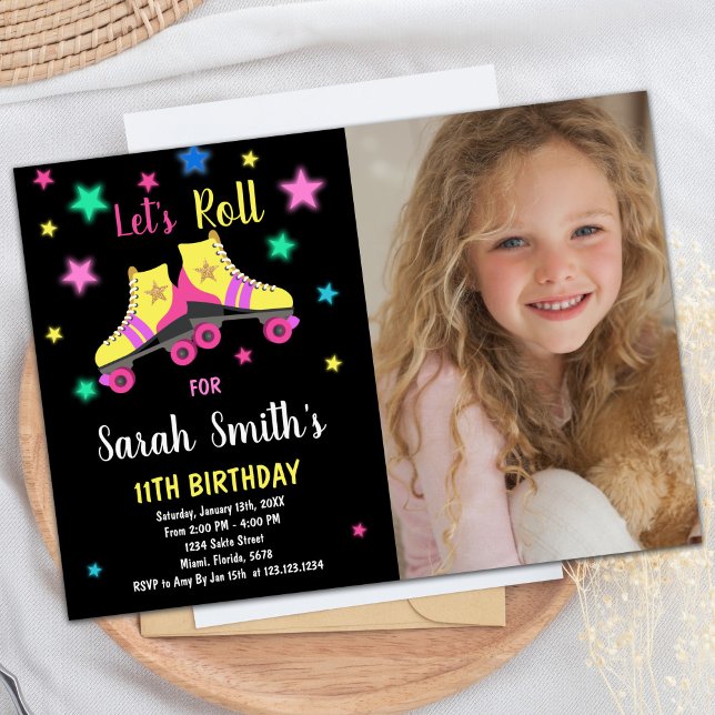 Foto på gult Neon Star Skate Birthday-inbjudan Inbjudningar (Yellow Neon Star Skate Birthday Invitations Photo)