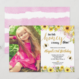 Foto på gulten för bifödelsedag rosa blommigt solb inbjudningar