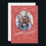 Foto på hand plockade rosett band och säsonhälsnin julkort<br><div class="desc">Hand plockade rosett band och båge med handbokstäver runt ovalfotomask. Öppna redigeraren för att justera fotot och ändra form och bakgrund färg om du vill.</div>