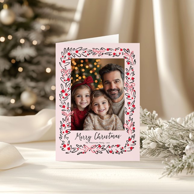 Foto på Hand plockade Wandeand & Preppy Bows Kort (Whimsical Christmas Wreath holiday family photo folded card)