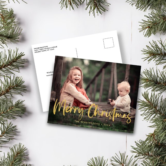 Foto på Helgdag Gold Foil Script God jul Helg Vykort (Gold Foil Script Merry Christmas Holiday Photo Postcard)