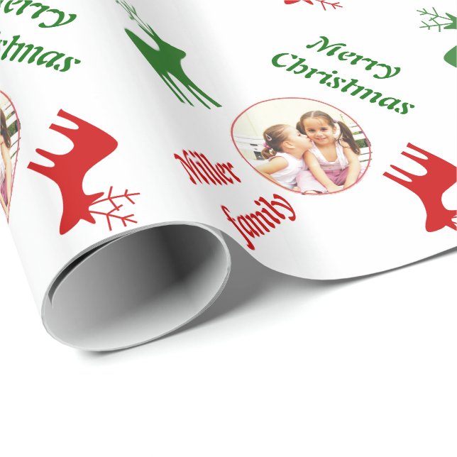 Foto på helgdag Red, grönt hjort och namn Presentpapper (Rullad Hörn)