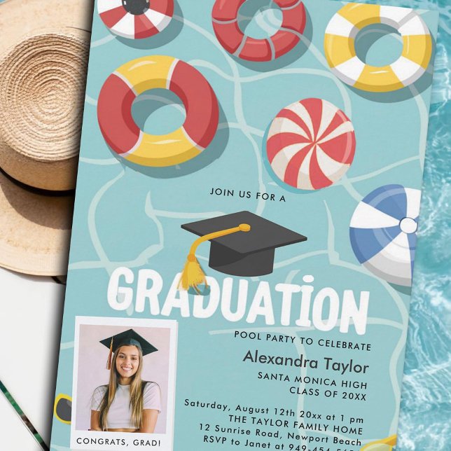 Foto på högskolan i studenten vid högskolan i Bass Inbjudningar (graduation pool party invitations grad photo template cards summer swimming fun cool modern)