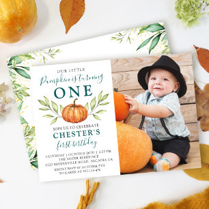 Foto på hösten Greenery Little Pumpkin 1:a födelse Inbjudningar