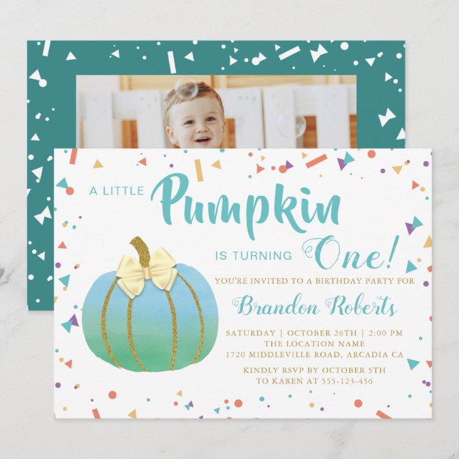 Foto på hösten Little Pumpkin Boy 1st Birthday Inbjudningar (Fram/baksida)