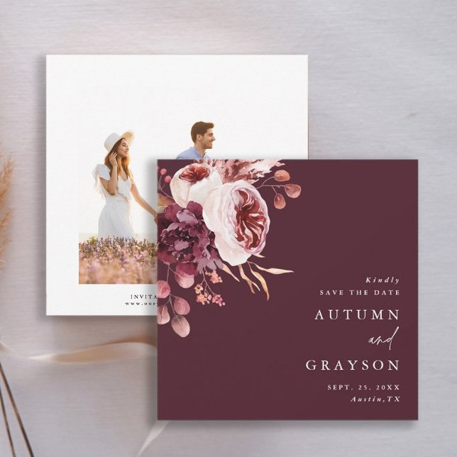 Foto på hösten Romantik Burgundy Bröllop Spara Datumet (Front & Back)