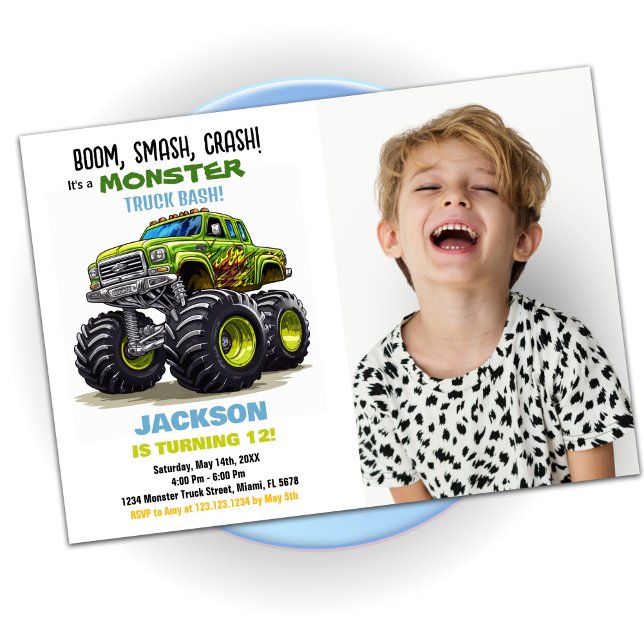 Foto på inbjudan till grönt Monster Lastbil på föd (Green Monster Truck Birthday Invitations Photo)