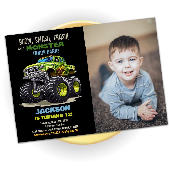 Foto på inbjudan till grönt Monster Lastbil på föd (Green Monster Truck Birthday Invitations Photo)