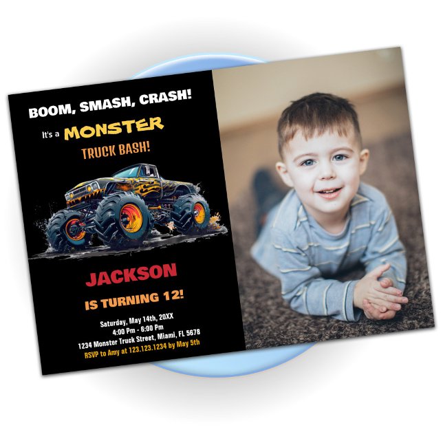 Foto på inbjudan till gult Monster Lastbil på föde (Yellow Monster Truck Birthday Invitations Photo)