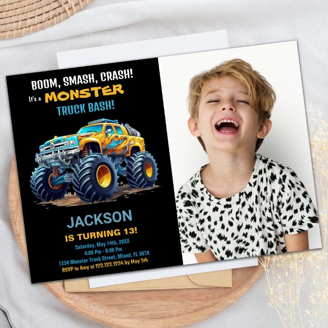 Foto på inbjudan till gult Monster Lastbil på föde (Yellow Monster Truck Birthday Invitations Photo)