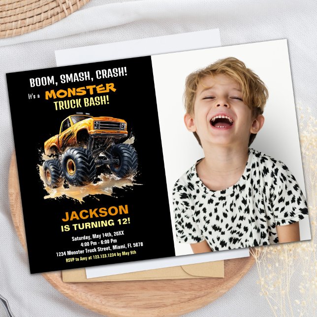 Foto på inbjudan till orange Monster Lastbil på fö (Orange Monster Truck Birthday Invitations Photo)