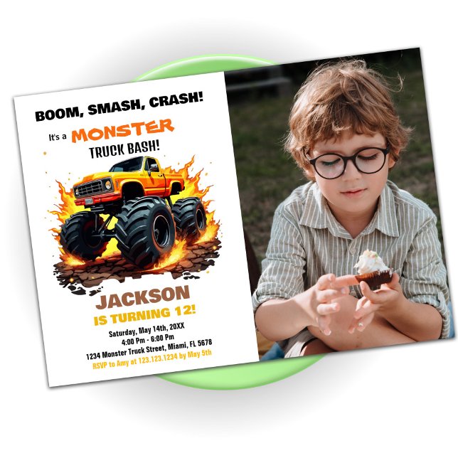 Foto på inbjudan till orange Monster Lastbil på fö (Orange Monster Truck Birthday Invitations Photo)