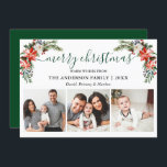 Foto på kallgrafi av vattenfärgen Winter Blommigt  Julkort<br><div class="desc">Modern kalligrafiskript. Elegant Winter Blommigt 3 Photo God jul Card omfattar vackra vattenfärgade röda poinsettider,  botaniska grönområden,  vinter-blad,  hullbär,  vit ros,  bomull,  gräs och blåbär.</div>
