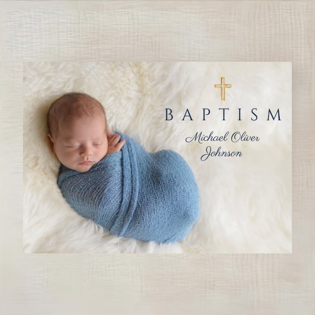 Foto på Kor Boy Baptism vid marinblå Religiösa Inbjudningar (Navy Blue Religious Cross Boy Baptism Photo Invitation)