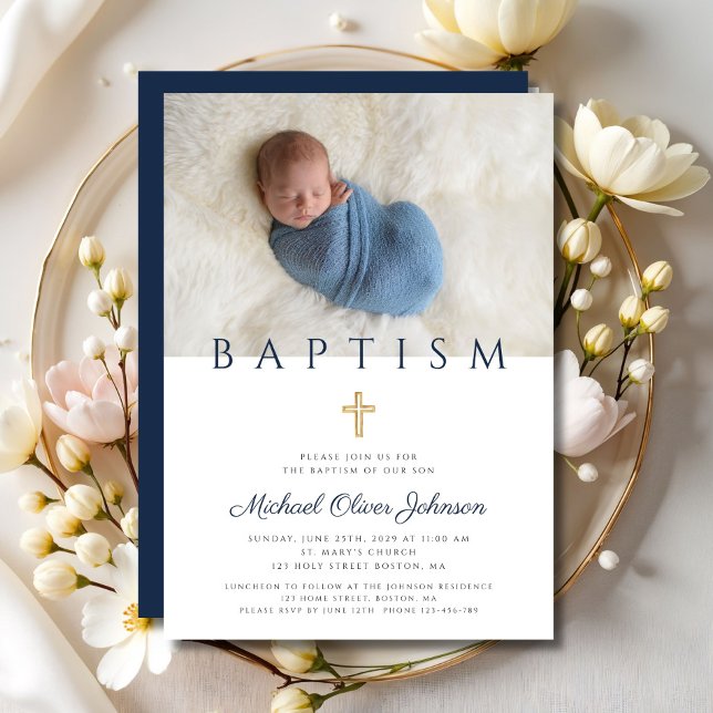 Foto på Kor Boy Baptism vid marinblå Religiösa Inbjudningar (Navy Blue Religious Cross Boy Baptism Photo Invitation)