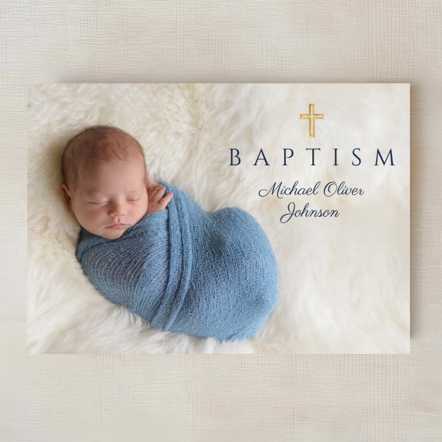 Foto på Kor Boy Baptism vid marinblå Religiösa Inbjudningar (Navy Blue Religious Cross Boy Baptism Photo Invitation)
