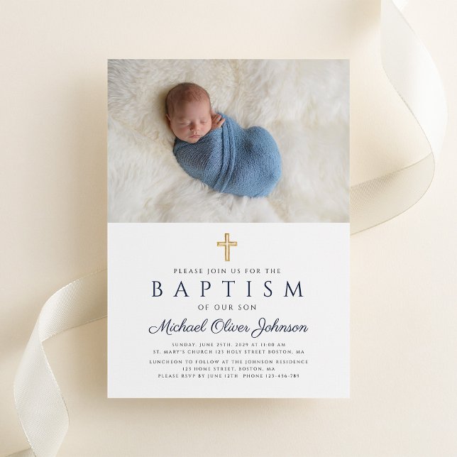 Foto på Kor Boy Baptism vid marinblå Religiösa Inbjudningar (Navy Blue Religious Cross Boy Baptism Photo Invitation)