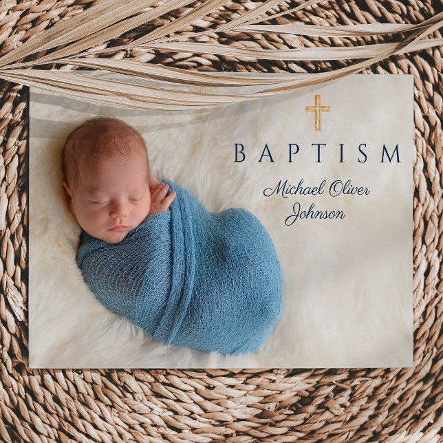 Foto på Kor Boy Baptism vid marinblå Religiösa Inbjudningar (Navy Blue Religious Cross Boy Baptism Photo Invitation)