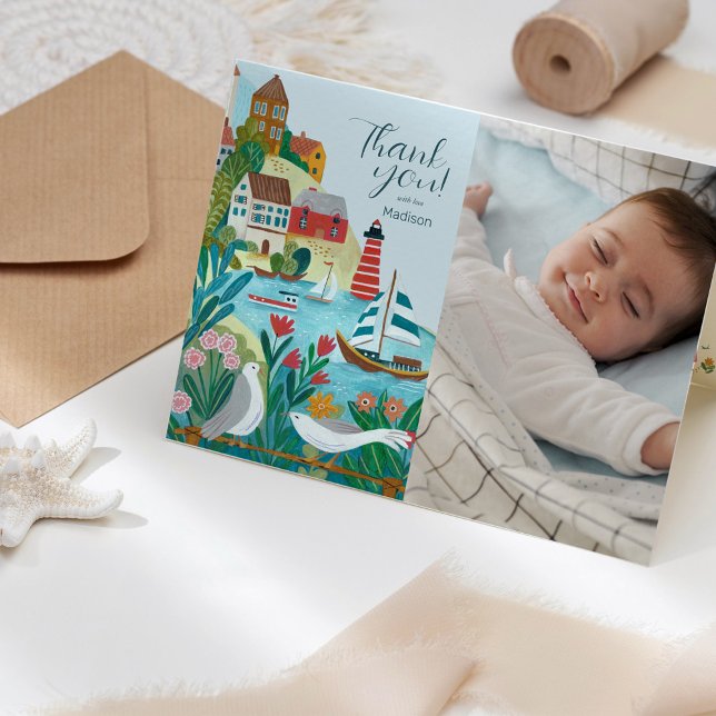 Foto på kustbyns babybabyskor Tack Kort (Coastal Village Baby Shower Photo Thank you Card)