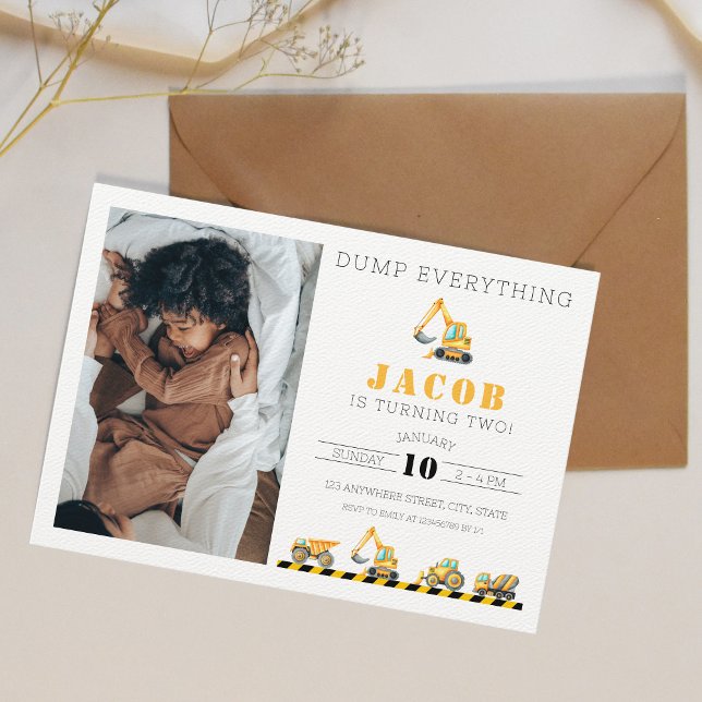 Foto på Lastbil-diggerfoto för byggdagsedudagen Inbjudningar (Construction Birthday Invitation)