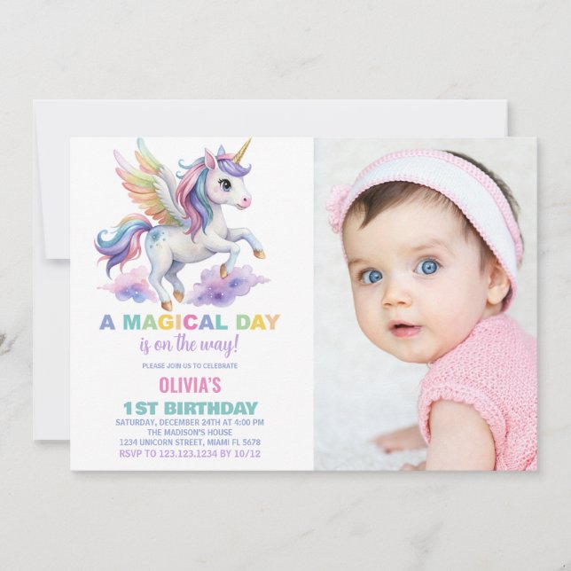Foto på lila Cloud Unicorn Birthday-inbjudningar Inbjudningar (Framsida)
