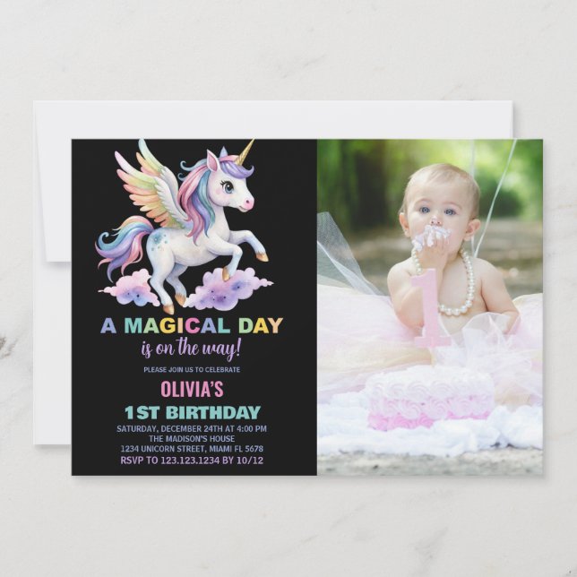 Foto på lila Cloud Unicorn Birthday-inbjudningar Inbjudningar (Framsida)