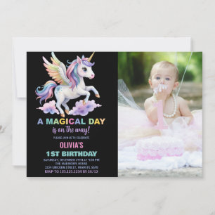 Foto på lila Cloud Unicorn Birthday-inbjudningar Inbjudningar