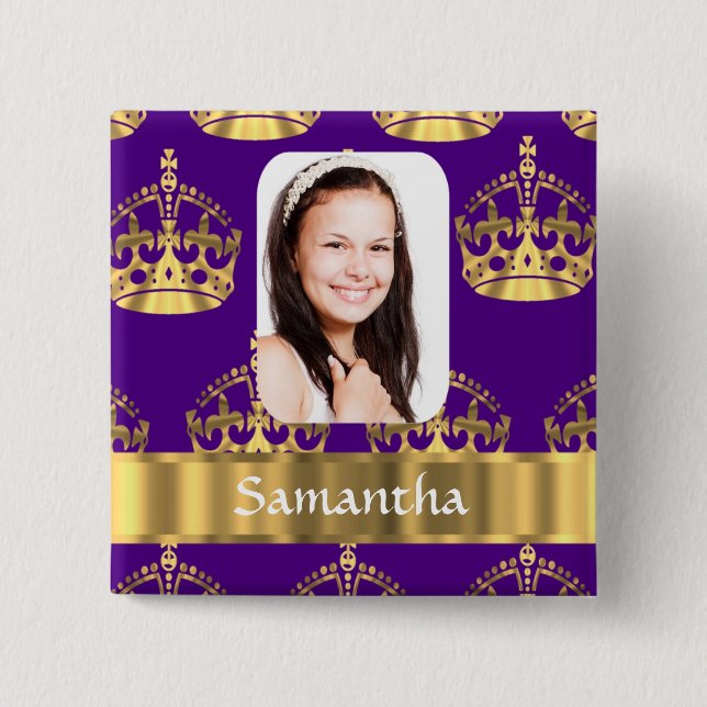 Foto på lila och guld krona personlig knapp (Framsida)