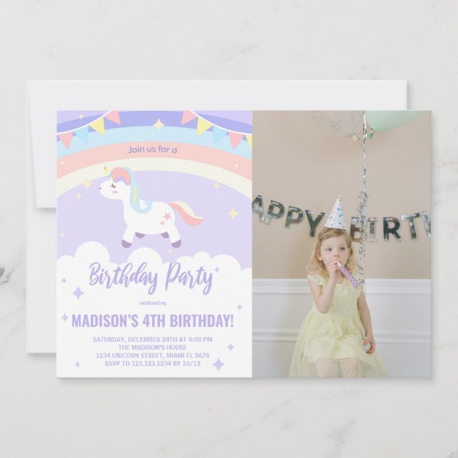 Foto på lila Rainbow Unicorn Birthday-inbjudningar Inbjudningar (Framsida)