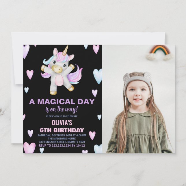 Foto på lila Rosa Unicorn Birthday-inbjudningar Inbjudningar (Framsida)