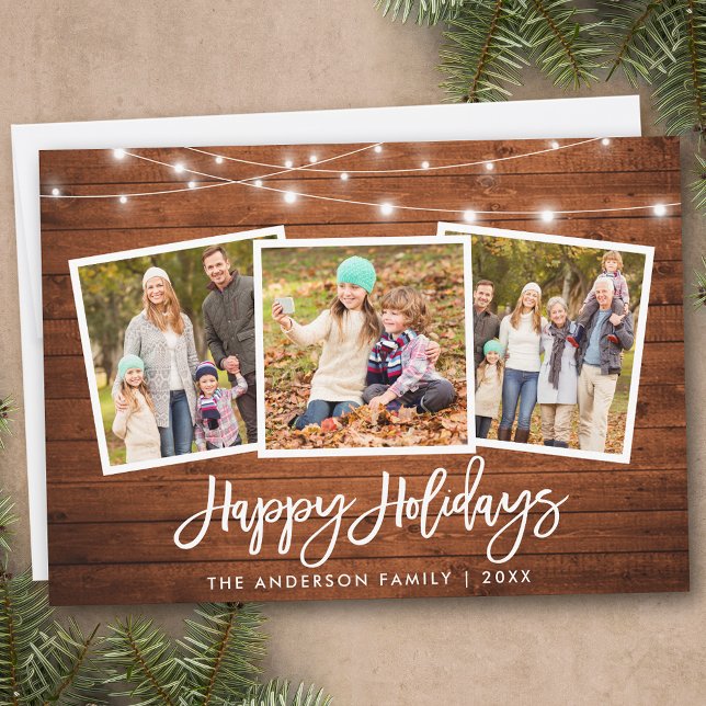 Foto på Ljus Rustic Wood 3 i penselskript Julkort (Customize to add text to back of card.)