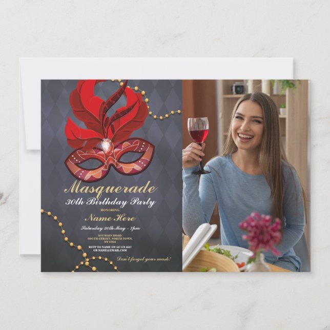 Foto på MasqueraFödelsedagsfest Guld Red Mask Inbjudningar (Framsida)