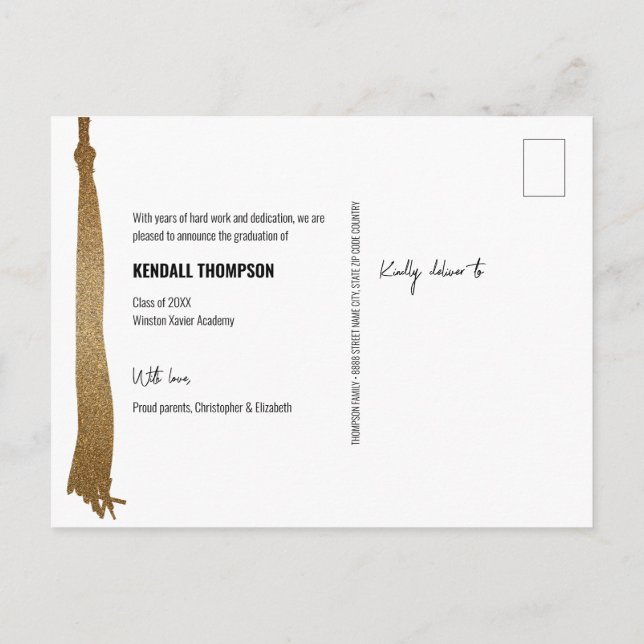 Foto på Modern Guld tassel Class 2024 Studenten Meddelande Vykort (Baksida)