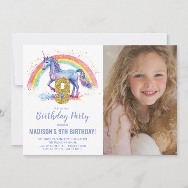 Foto på nionde rabuboet Unicorn Birthday-inbjudan Inbjudningar (Framsida)