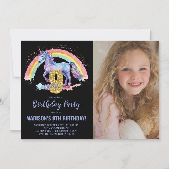Foto på nionde rabuboet Unicorn Birthday-inbjudan Inbjudningar (Framsida)