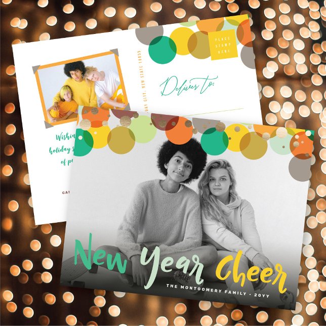 Foto på nya års beskade färgämnen och Roligt-konfe Helg Vykort (New Year Cheer Colorful & Fun Confetti Dots Photo Holiday Postcard @ fat_fa_tin)