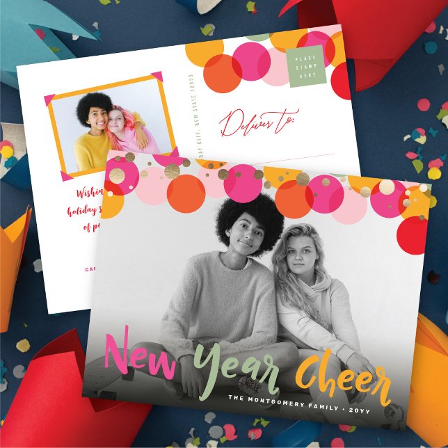 Foto på nya års beskade färgämnen och Roligt-konfe Helg Vykort (New Year Cheer Colorful & Fun Confetti Dots Photo Holiday Postcard @ fat_fa_tin)