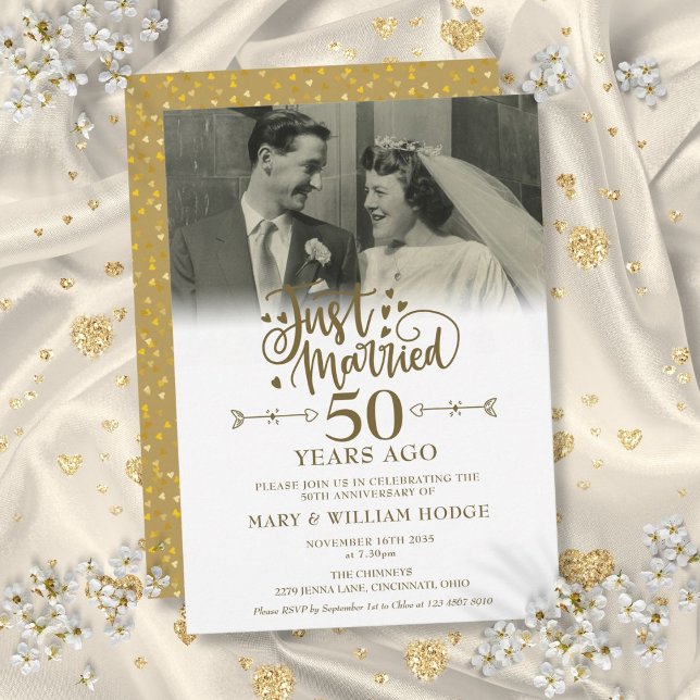 Foto på nygifta, 50-årsjubileum för bröllop inbjudningar (Just Married Photo 50th Wedding Anniversary Invitation)