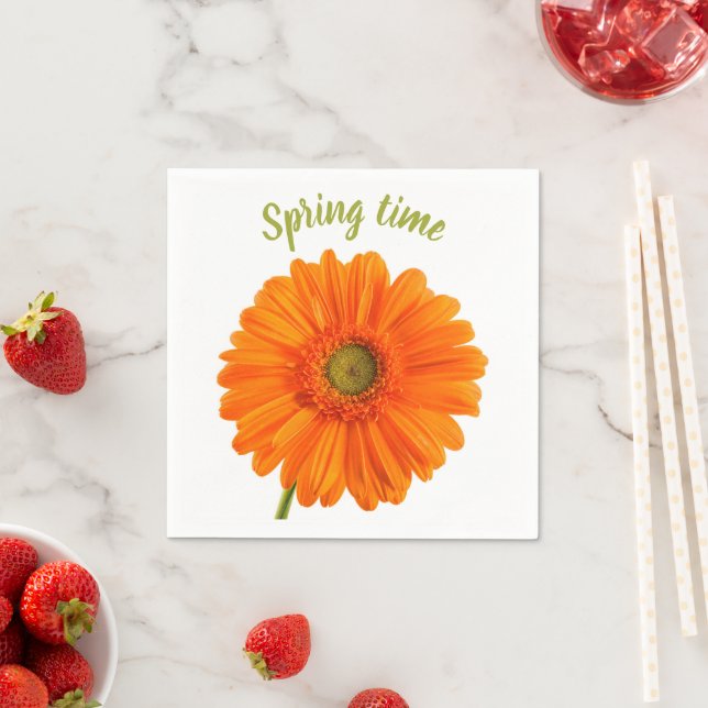 Foto på orange av vårblomma med text pappersservett (Insitu)