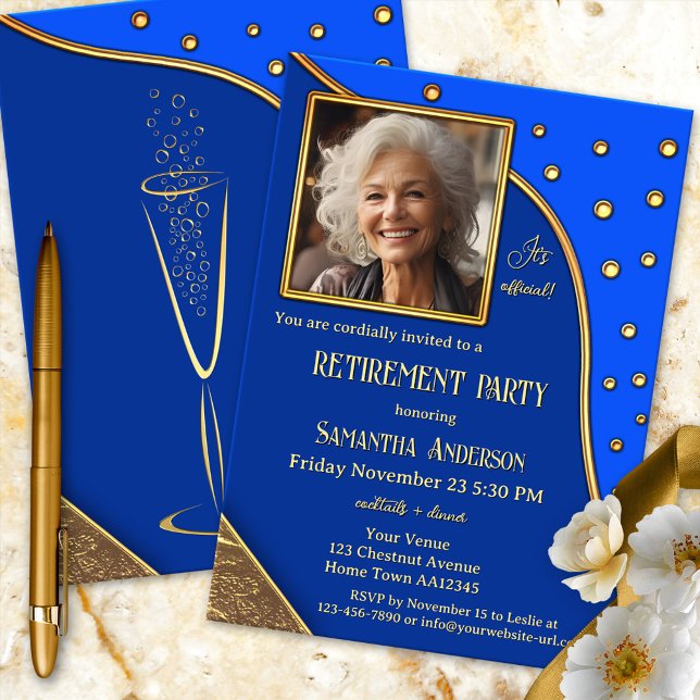 Foto på Pension Party i Guld Inbjudningar (Elegant retirement invitation showing your photo on a navy blue gold design with festive sparkles)