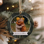 Foto på Personligen Winter Träd Dubbla Sided  Julgransprydnad Keramik<br><div class="desc">En vacker dubbla vid sidan av julfotofärgämnet som visar ett favoritfoto på vardera sidan i en rund layout,  på en vattenfärgsbakgrund för mörk-jägare-grönt som är prickad med gräs träd. Anpassa med en anpassningsbar på framsidan i handskrivet brev och lägg till året på baksidan.</div>