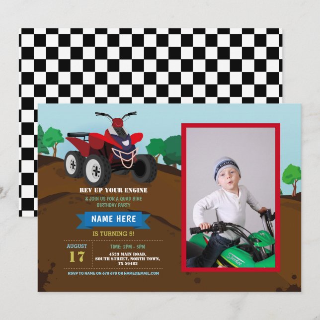 Foto på Quad Bike Birthday Inbjudan Riding Lera Ro (Fram/baksida)