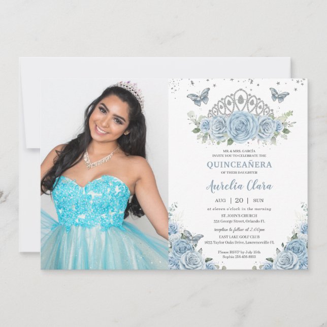 Foto på Quinceañera Baby blue Ro Silver Krona Inbjudningar (Framsida)