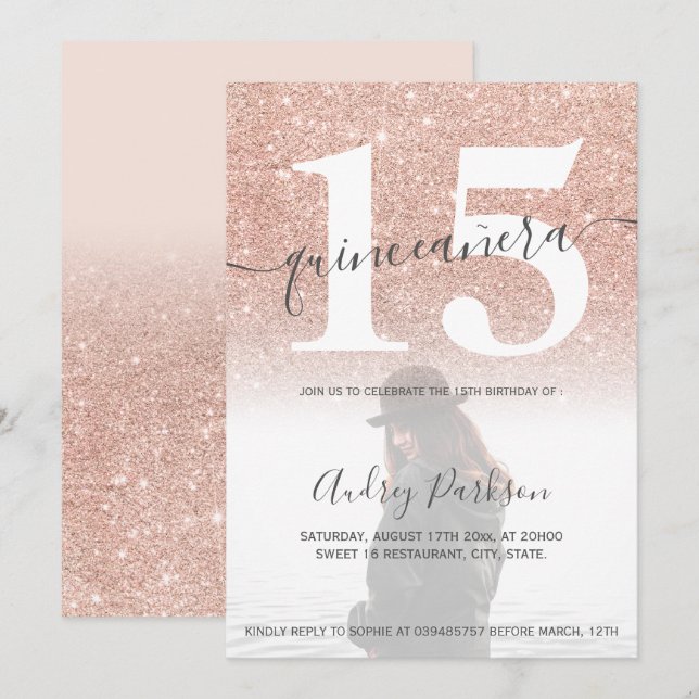 Foto på quinceanera för  rosa i Ro glitter Inbjudningar (Fram/baksida)
