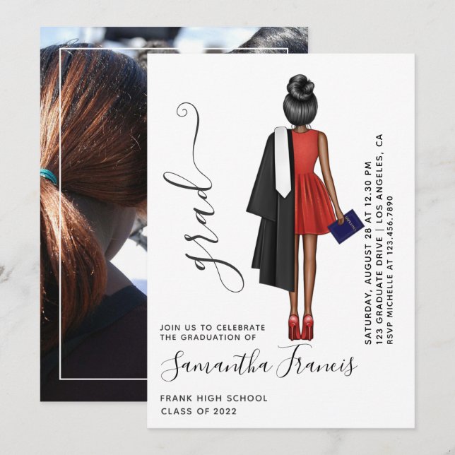 Foto på Red, Black and White Girl Studentfest Inbjudningar (Fram/baksida)