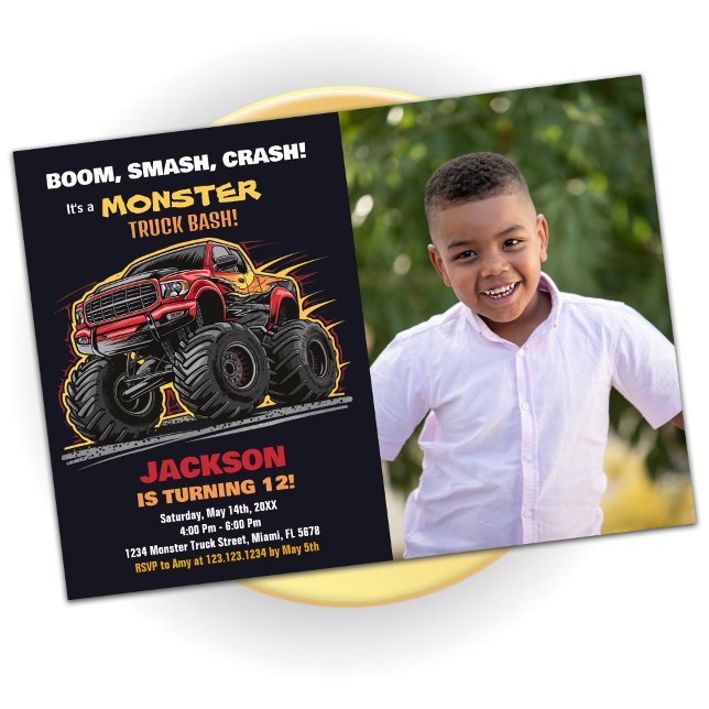 Foto på Red Black Monster Lastbil födelsedag Inbjudningar (Red Black Monster Truck Birthday Invitations Photo)